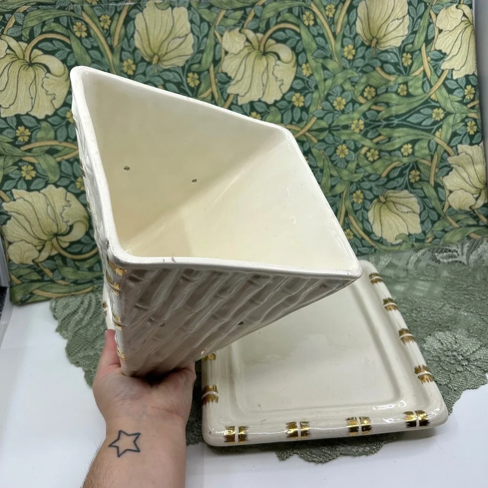 Vintage Cheese Keeper Block Triangle Ceramic Covered Vented Dish Gold White